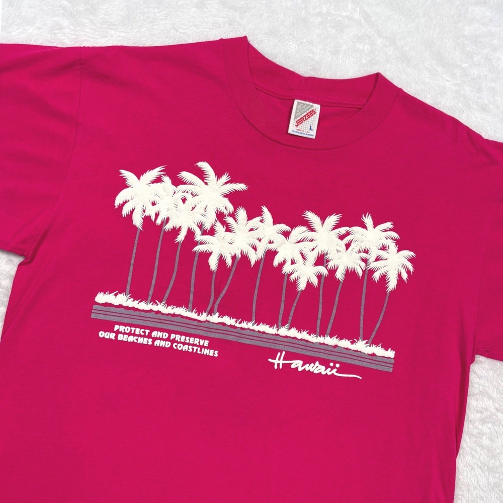 VTG 90s Jerzees Hawaii T-Shirt Women L (FIT M) Hot Pink Puffy Preserve Beach USA